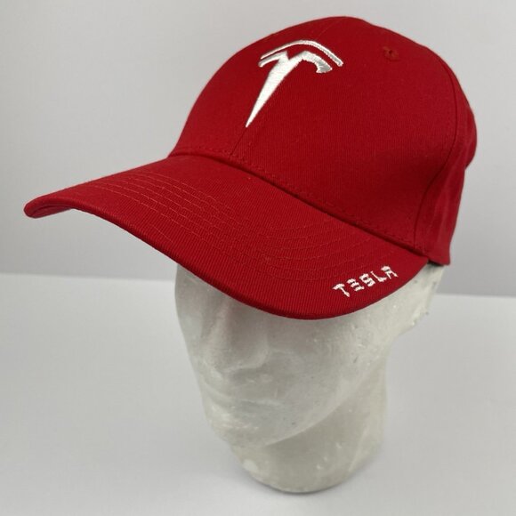 TESLA Baseball Hat Cap Strapback Red White Embroidery - Picture 2 of 8
